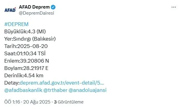 0X0 Afad Acikladi Balikesirde 43 Buyuklugunde Deprem 1755642161986