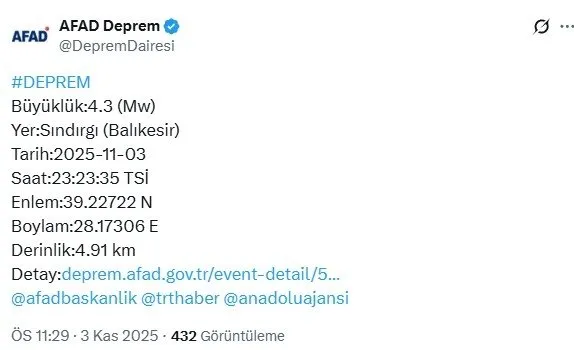 0X0 Balikesirde 43 Buyuklugunde Deprem 1762202046571