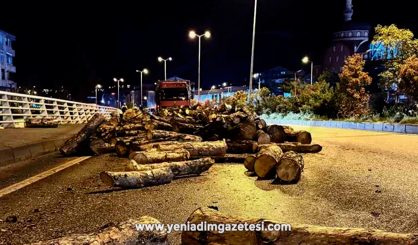 Seyir halindeki kamyonun damperi aniden kalktı, odunlar yola döküldü
