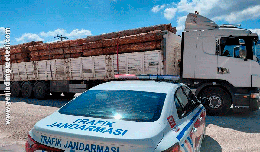 Fazla tonajlı tomruk taşıyan kamyon sürücüsüne para cezası kesildi